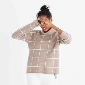Madewell Windowpane Grid Side Slit Neutral Turtleneck Beige Tan Sweater Medium